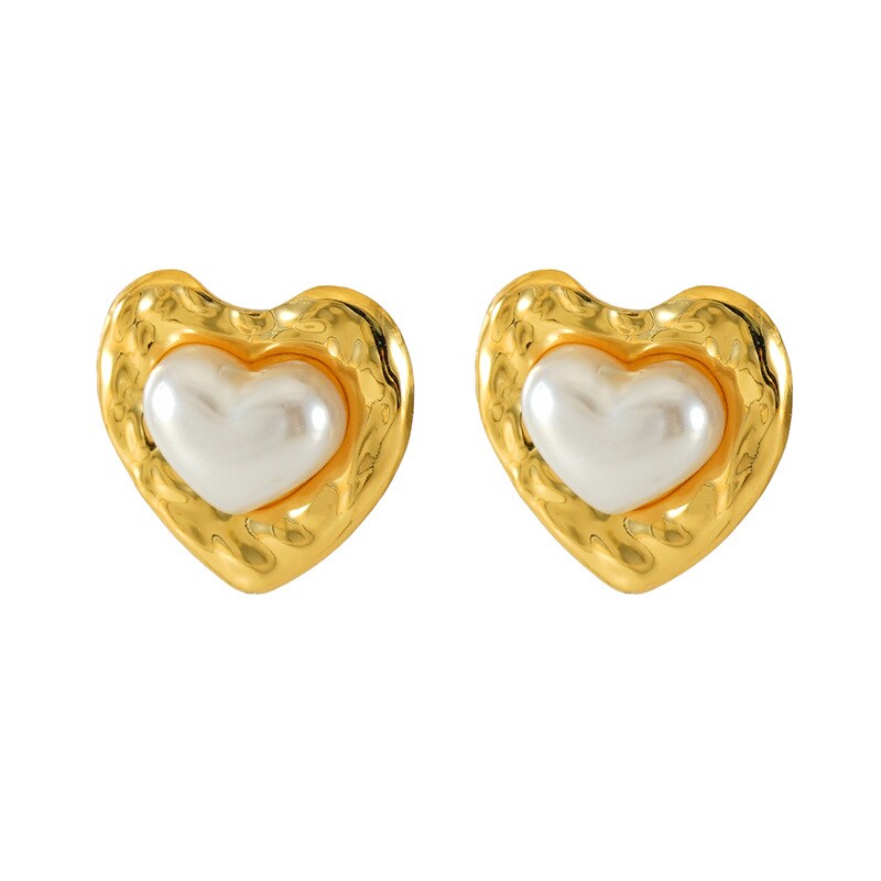 1 Pair Simple Series Casual Heart Stainless Steel 18K Gold Plated Imitation Pearl Women's Stud Earrings h5 